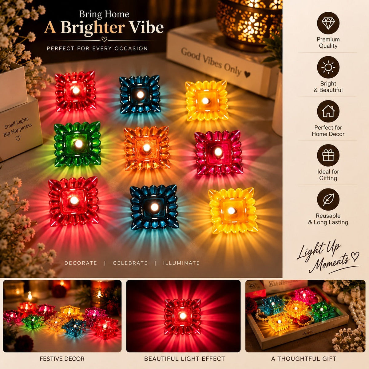 3D Water Senser Multicolor Diwali Diyas For Decor & Rangoli (**pack of 12**)
