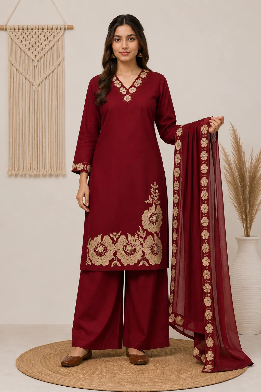 Elegant Maroon Embroidered Suit Set