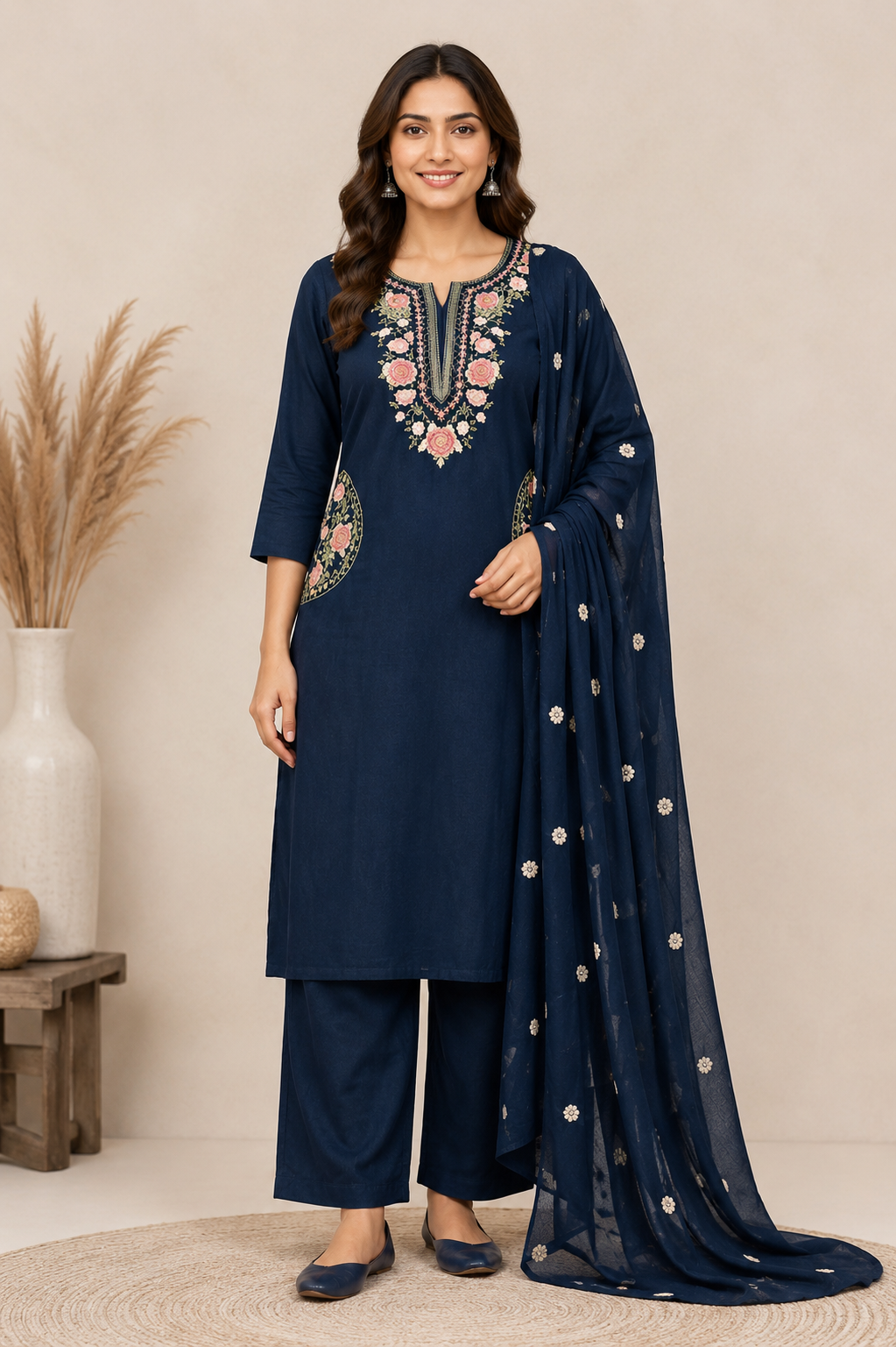 Navy Blue Embroidered Suit Set
