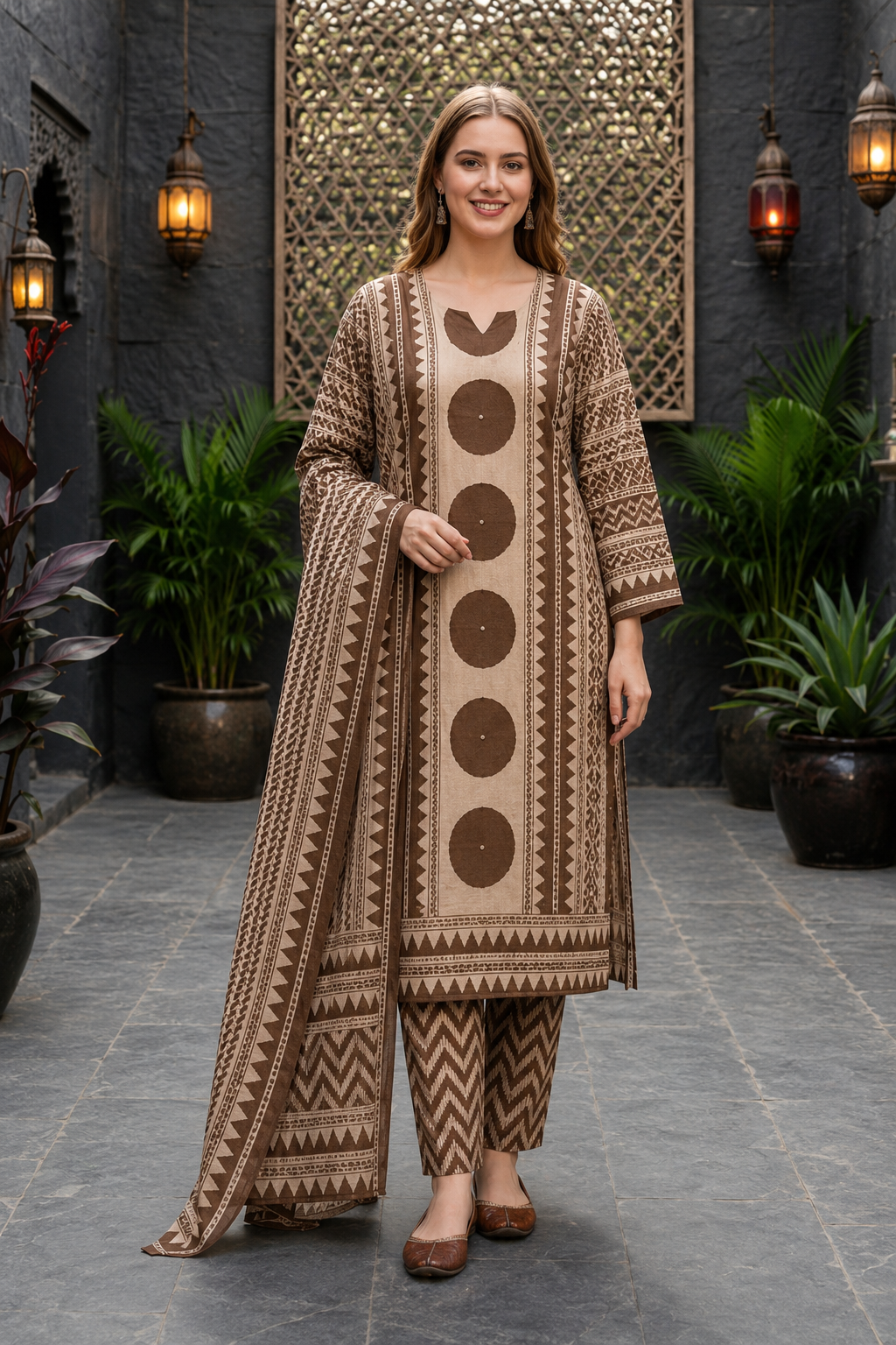 Brown Printed Suit Set
