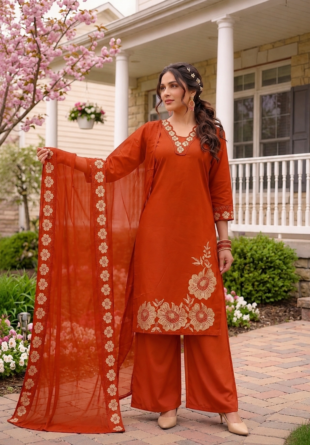 Elegant Orange Embroidered Suit Set