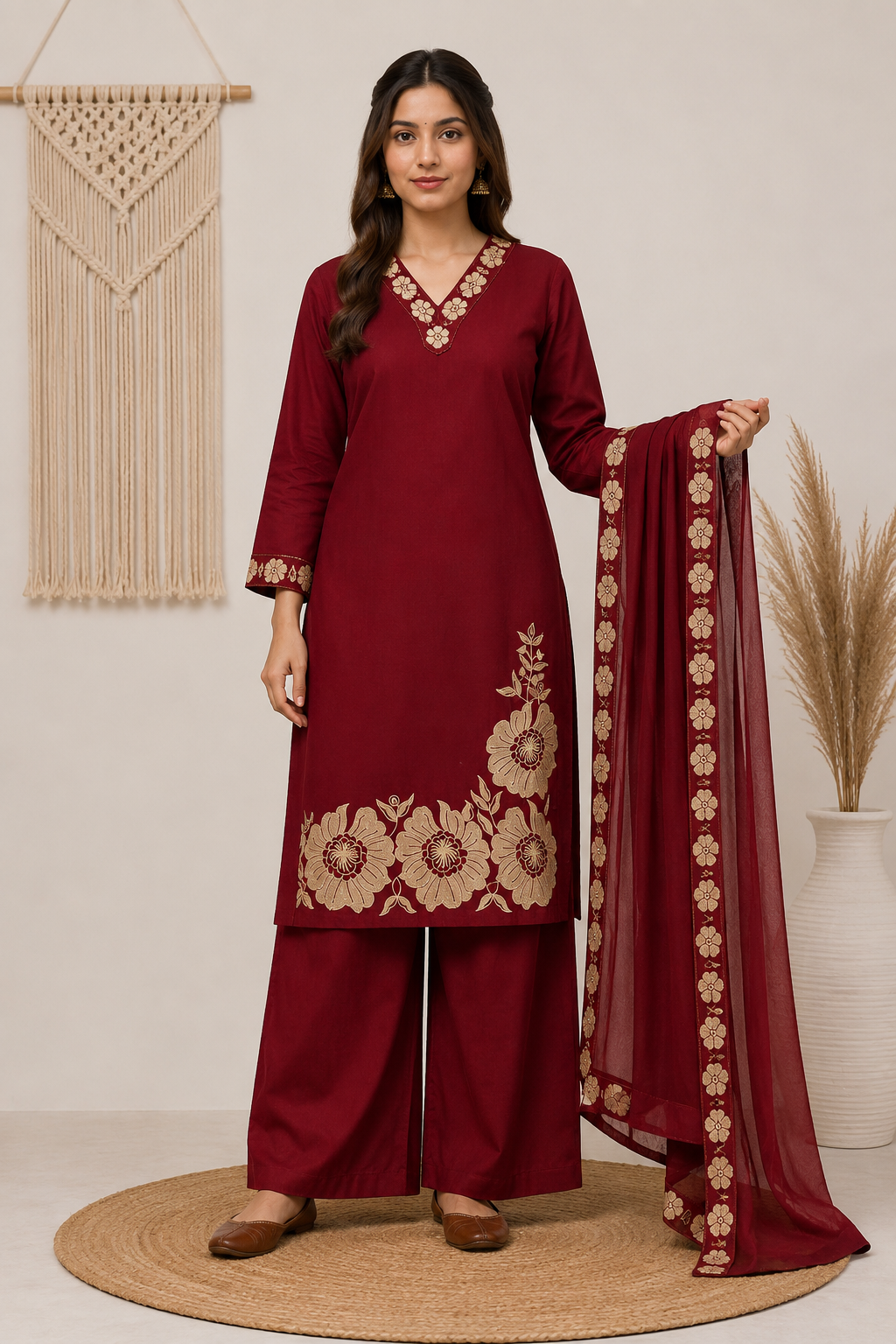Elegant Maroon Embroidered Suit Set